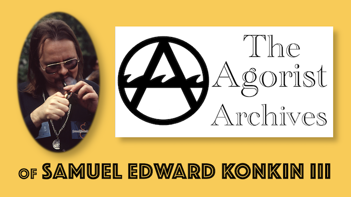 Goldenrod rectangle with image of Samuel Edward Konkin III in oval, stylized black and white logo suggesting an iceberg, and text reading The Agorist Archives of Samuel Edward Konkin III